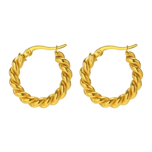 Polished gold stainless steel twisted rope hoop earrings with secure clasp closure