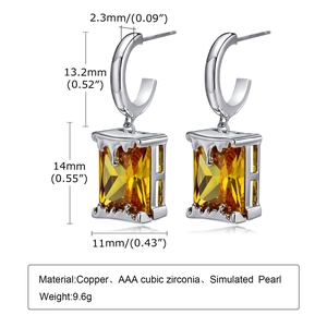 Rectangular yellow cubic zirconia earrings in copper with dimensions and weight info