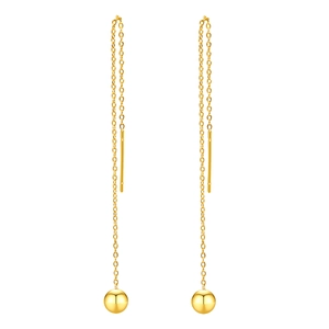 Golden stainless steel threader earrings with ball drop tassels on white background