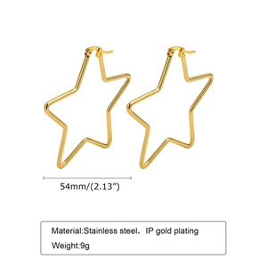 Detailed view of 54mm gold plated stainless steel star-shaped hoop earrings