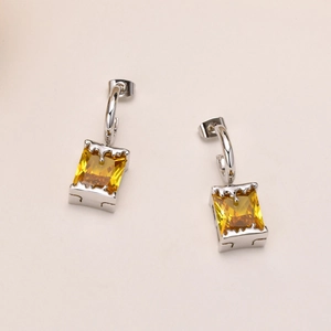 Minimalist silver-toned hook earrings with rectangular yellow zircon stones for women