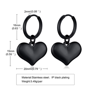 Boucles d'oreilles cœur noires en acier inoxydable avec dimensions et spécifications