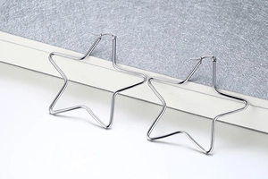 Macro detail of polished stainless steel large star-shaped hoop earrings with clasp