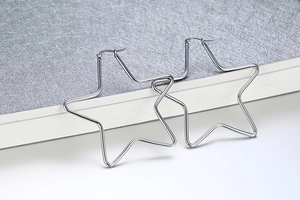 Detailed view of silver star earrings featuring a thin hollow polished stainless steel frame