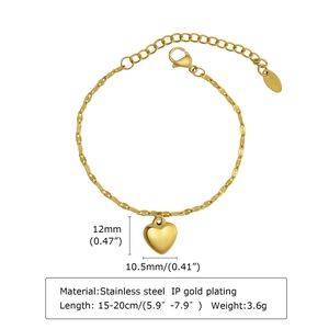 Golden stainless steel heart pendant bracelet for women with 18K gold plating