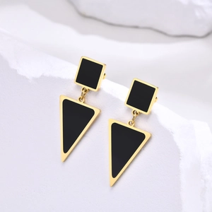Minimalist gold stainless steel geometric triangle earrings with black matte inlay details