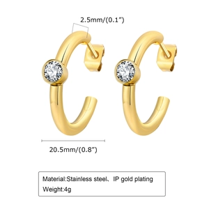 Detailed view of 18K gold plated stainless steel C-shape earrings with zircon stone inlay