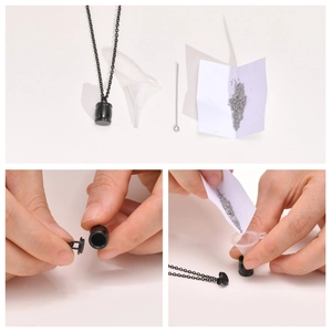 Détail montrant le remplissage du pendentif urne cylindrique noir avec un petit entonnoir