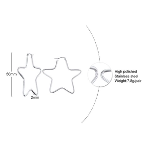 Polished stainless steel star hoop earrings with 50mm diameter and minimalist design
