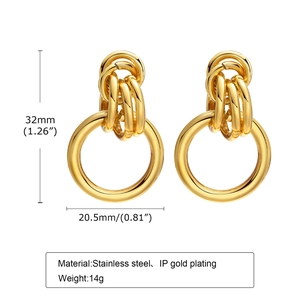 Gold stainless steel multi-layered drop earrings with knotted design and size specs