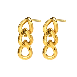 Polished golden stainless steel chain link stud earrings in a classic Cuban link style