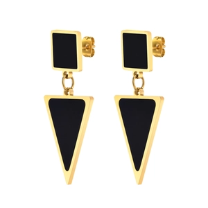 Minimalist gold stainless steel geometric triangle drop earrings with black enamel inlay