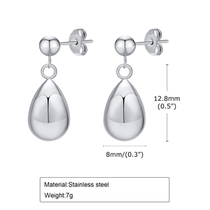 Polished silver stainless steel teardrop earrings with dimensions 12.8mm by 8mm