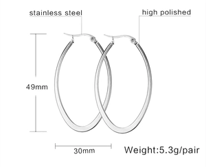 Detailed spec sheet of large silver hoop earrings showing size and polished steel finish