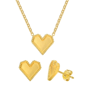 Golden heart jewelry set with milgrain edge necklace and matching stud earrings for women