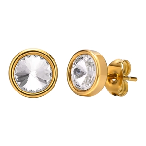 Polished gold stainless steel stud earrings with round cubic zirconia bezel setting