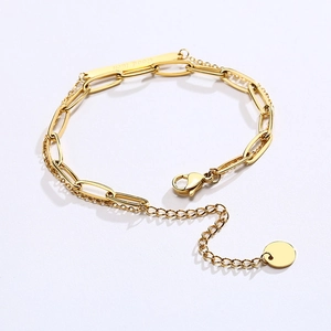 Double-layer gold stainless steel bracelet with Good Luck engraved curved bar pendant