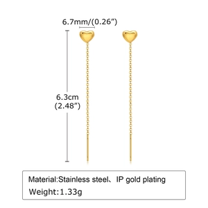 Gold stainless steel heart tassel earrings with long chain and polished heart pendants