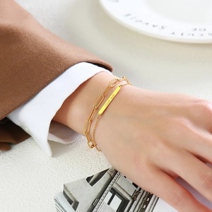 Stainless Steel Layered Paperclip Chain Bracelet For Women Gold Plated Good Luck Engraved Bar Pendant Fashion Jewelry Gift