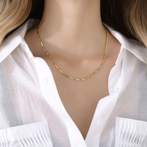 Close-up of minimalist 18k gold-plated link chain necklace on model neck