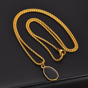 Minimalist gold stainless steel necklace with black irregular oval drip oil pendant