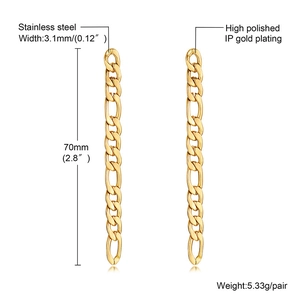 Polished gold stainless steel long Figaro chain tassel earrings for women 70mm length