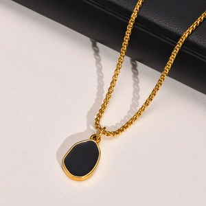 Minimalist Stainless Steel Gold Plated Black Enamel Irregular Oval Pendant Necklace For Men Retro Geometric Jewelry