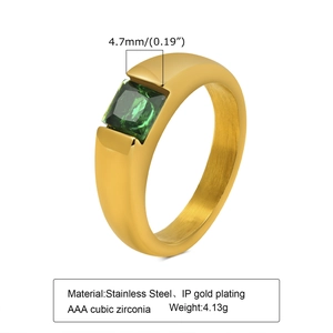 Detail of 18k gold plated ring with a 4.7mm green AAA cubic zirconia and technical specs