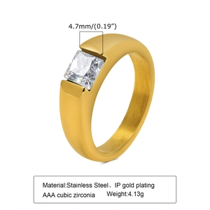 Detail view of gold-plated stainless steel ring featuring a square AAA cubic zirconia stone
