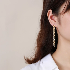Elegant gold-plated stainless steel tassel long chain earrings worn by model