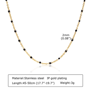 Gold stainless steel necklace with 2mm black beads and IP plating, 45-50cm length