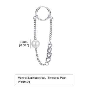 Detail of stainless steel chain earring with 8mm simulated pearl and silver finish