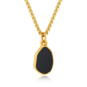Golden stainless steel necklace with a unique black irregular oval pendant on white backdrop