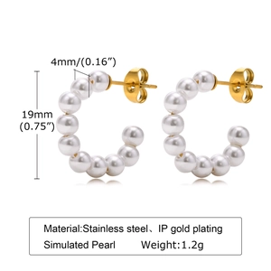 Gold plated stainless steel C-shaped earrings with 4mm faux pearls for women