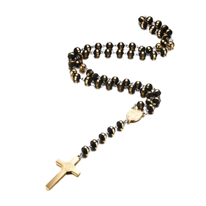Polished gold and matte black beaded rosary necklace with St. Benedict cross pendant
