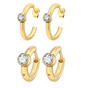 Elegant 18K gold plated stainless steel C-shaped hoop earrings with bright zircon stones