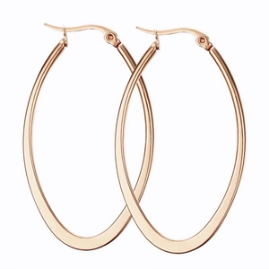 Minimalist oval rose gold hoop earrings with high polish finish on white background