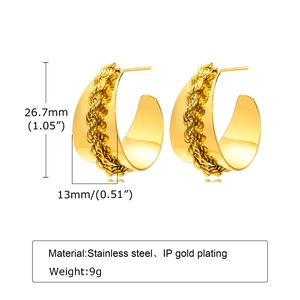 Goldene gedrehte C-Form Creolen aus Edelstahl mit Hochglanz-Finish und Abmessungsangaben