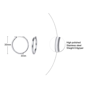 Créoles en acier inoxydable poli 35mm avec détails de finition brillante et dimensions