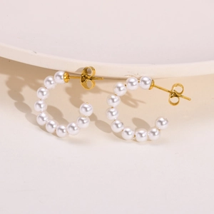 Elegant C-shaped stainless steel gold earrings with rows of round white pearls