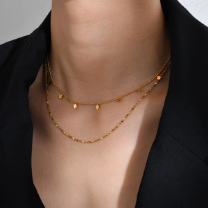 Collier Double Couche En Acier Inoxydable Plaqué Or Losange Breloques Géométriques Bijoux De Mode Minimalistes Pour Femmes