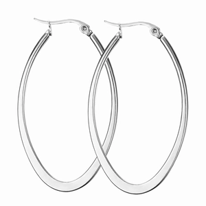 Polished silver large oval hoop earrings in stainless steel with secure clasp