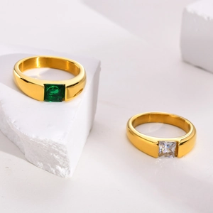 Chic 18k gold plated titanium rings with square green and white zircon stones set on stones