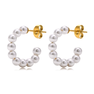 Elegant C-shaped stainless steel gold hoop earrings with polished white pearls for women