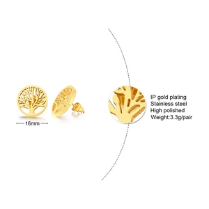 Détail des boucles d'oreilles arbre de vie de 16mm en acier inoxydable doré brillant