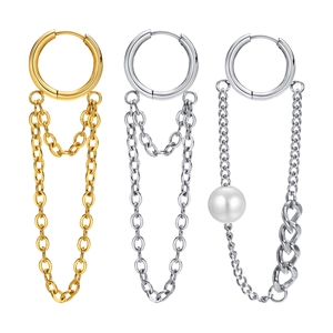 Titanium steel earrings set featuring gold and silver chain hoops with pearl charms