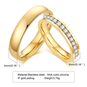 Matching 4mm gold titanium steel couples rings set with AAA cubic zirconia in IP plating
