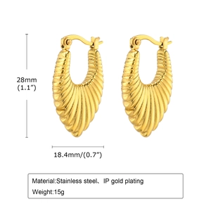 Detailed view of gold plated U-shaped drop earrings with dimensions 28mm by 18.4mm