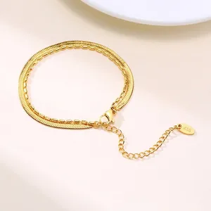 Double-layer gold stainless steel snake and bead chain bracelet with K18 tag