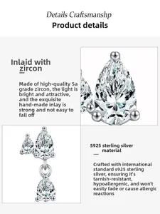 Macro detail of S925 sterling silver drop earring with 5A pear-cut cubic zirconia